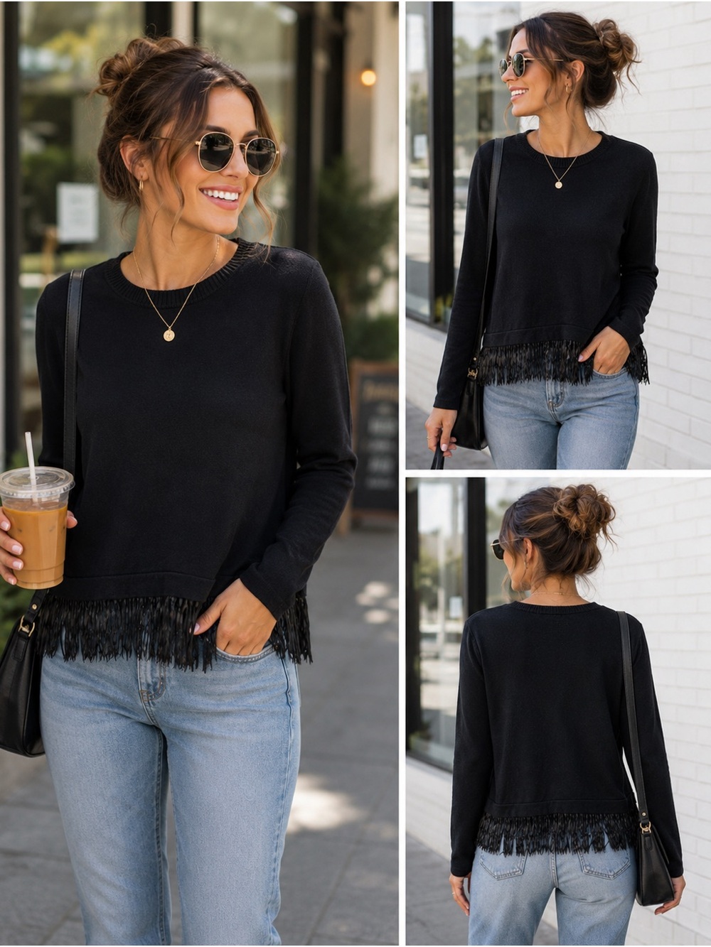 Lilly Pulitzer Black Fringe-Hem Long Sleeve Top